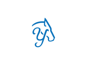 Logo mit blauem Pferdekopf