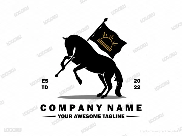 Strong Black Horse Holding A Flag Logo