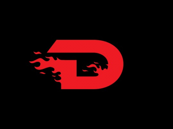 Logo with the initial "D" icon that looks like it's on fire